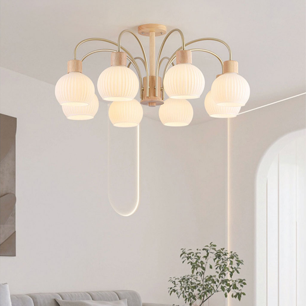 Chic Cream Wood and Glass Chandelier 8 Lights Living Room