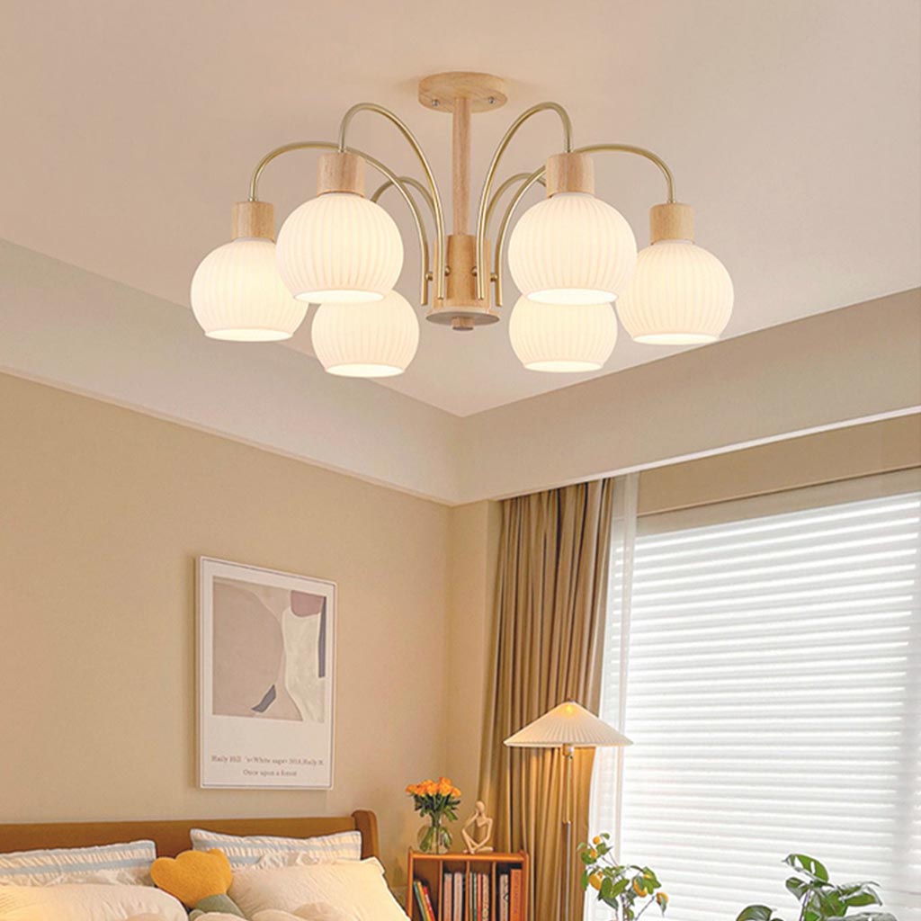 Chic Cream Wood and Glass Chandelier Bedroom