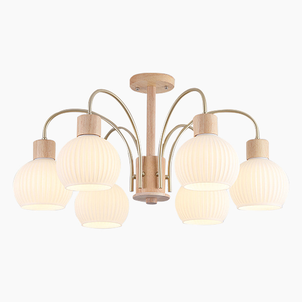 Chic Cream Wood and Glass Chandelier Main 6 Lights     
