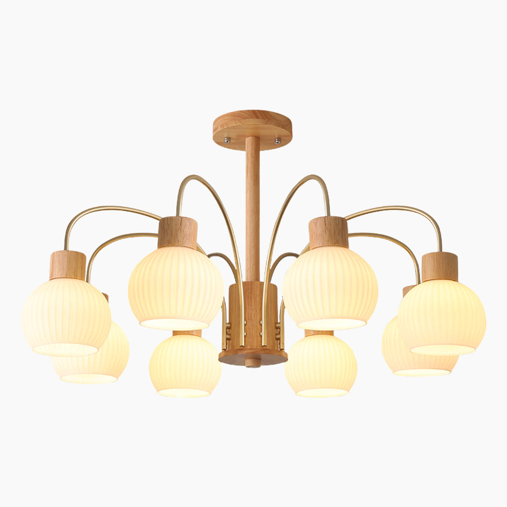 Lampadario Chic in Legno Crema e Vetro Principale a 8 Luci     