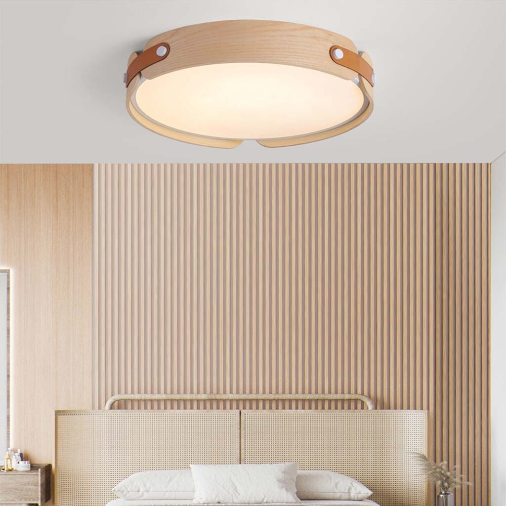 Circular Wood Leather Flush Mount Ceiling Light Bed