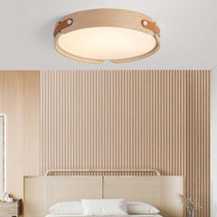 Circular Wood Leather Flush Mount Ceiling Light Bed