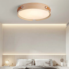 Circular Wood Leather Flush Mount Ceiling Light Bedroom
