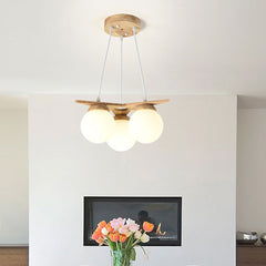 Cream White Wood Glass Globe Balloon Chandelier Dining Room 3 Lights