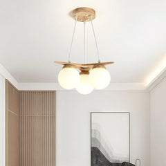 Cream White Wood Glass Globe Balloon Chandelier Hallway 3 Lights