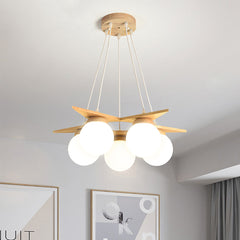 Cream White Wood Glass Globe Balloon Chandelier Living Room 5 Lights