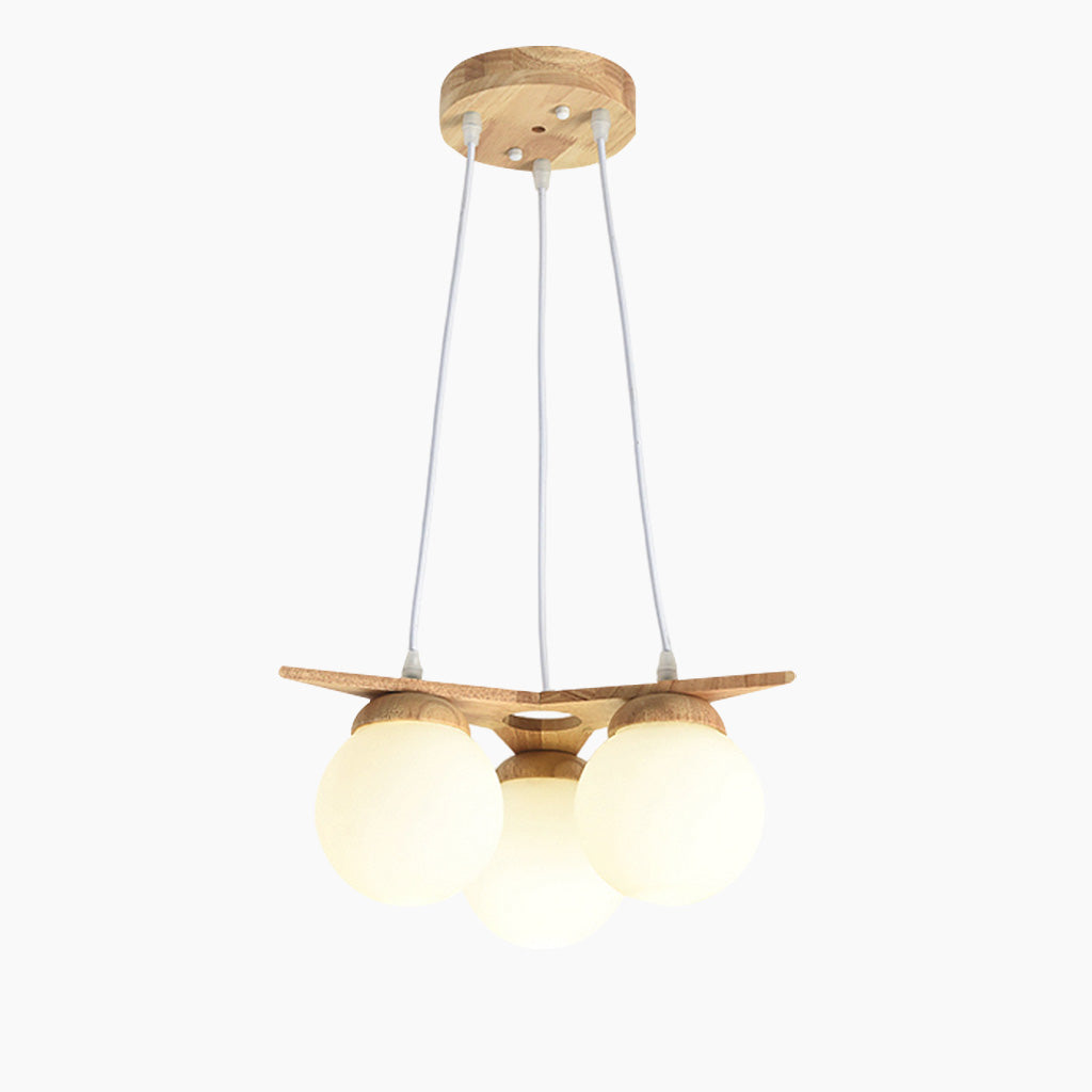 Cream White Wood Glass Globe Balloon Chandelier Main 3 Lights
