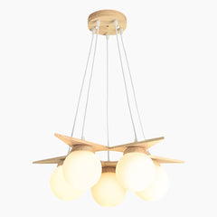 Cream White Wood Glass Globe Balloon Chandelier Main 5 Lights
