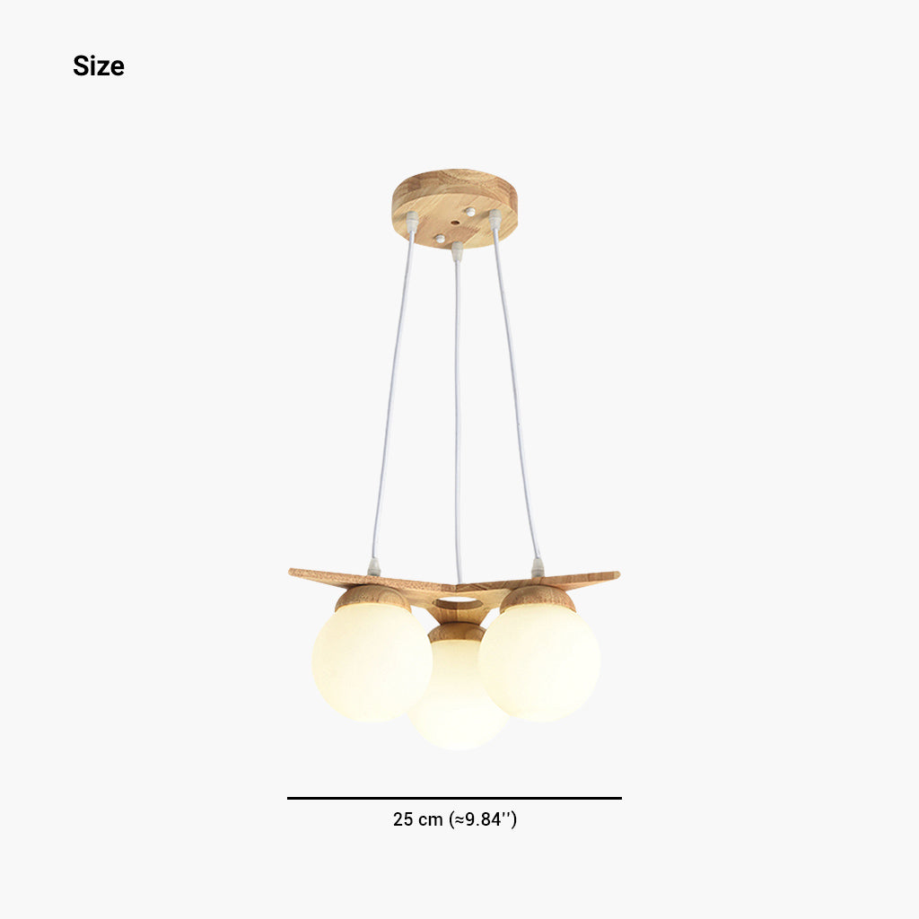 Chandelier Hanging Ceiling Light Wood Glass Globe Balloon Cream White 3 Lights Dia25cm D9.84