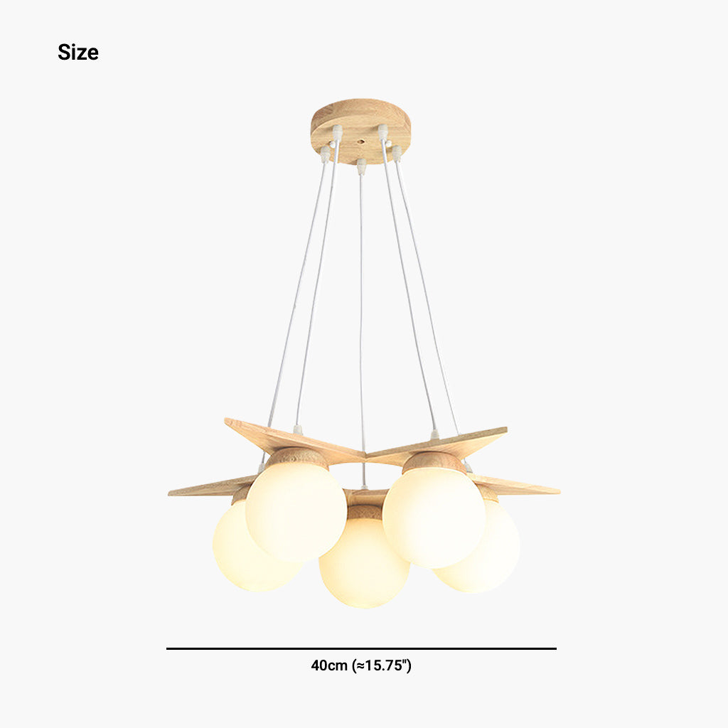Cream White Wood Glass Globe Balloon Chandelier Size 5 Lights