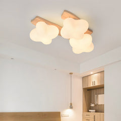 Cream Wooden Glass Blossom Flush Mount Ceiling Light Bedroom 3 Lights
