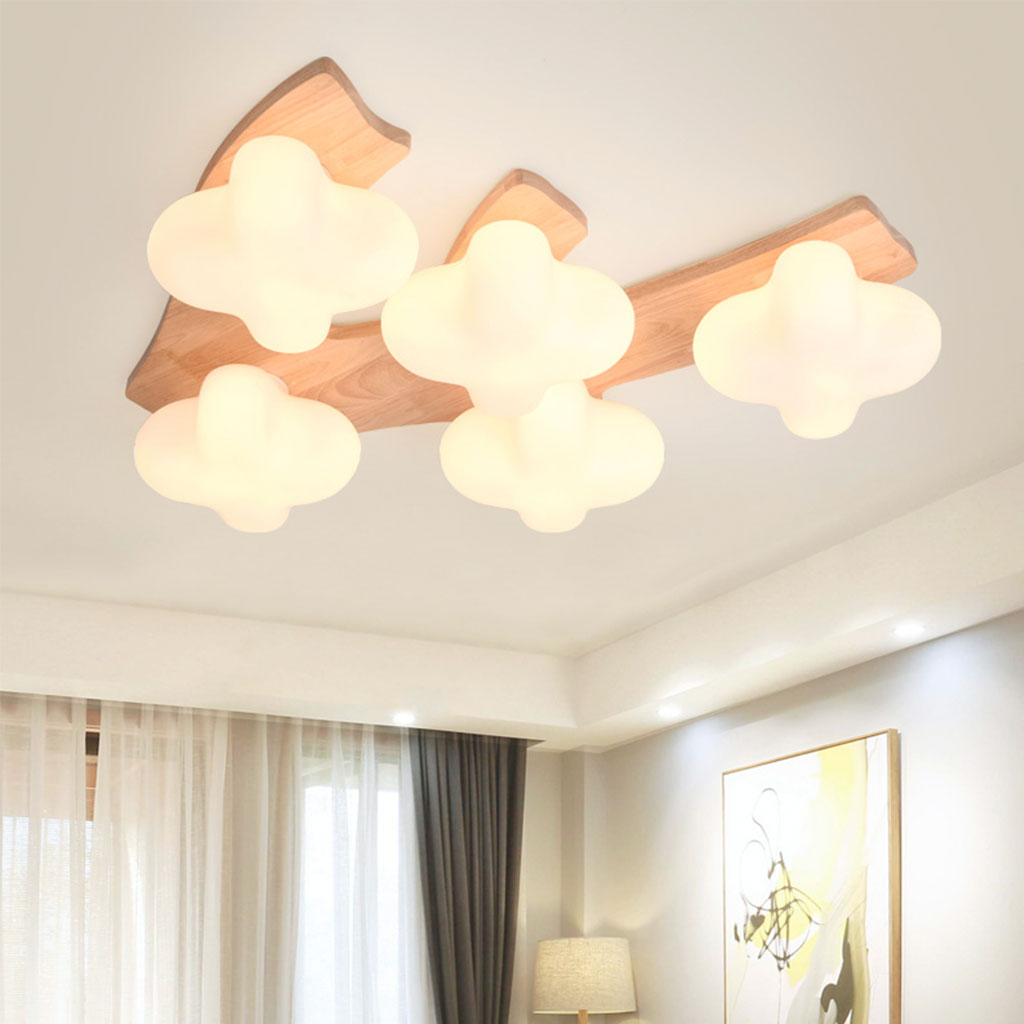 Cream Wooden Glass Blossom Flush Mount Ceiling Light Bedroom 5 Lights
