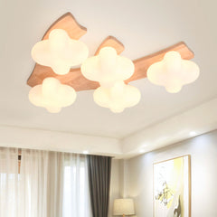 Cream Wooden Glass Blossom Flush Mount Ceiling Light Bedroom 5 Lights