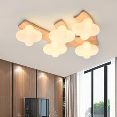Cream Wooden Glass Blossom Flush Mount Ceiling Light Living Room 5 Lights