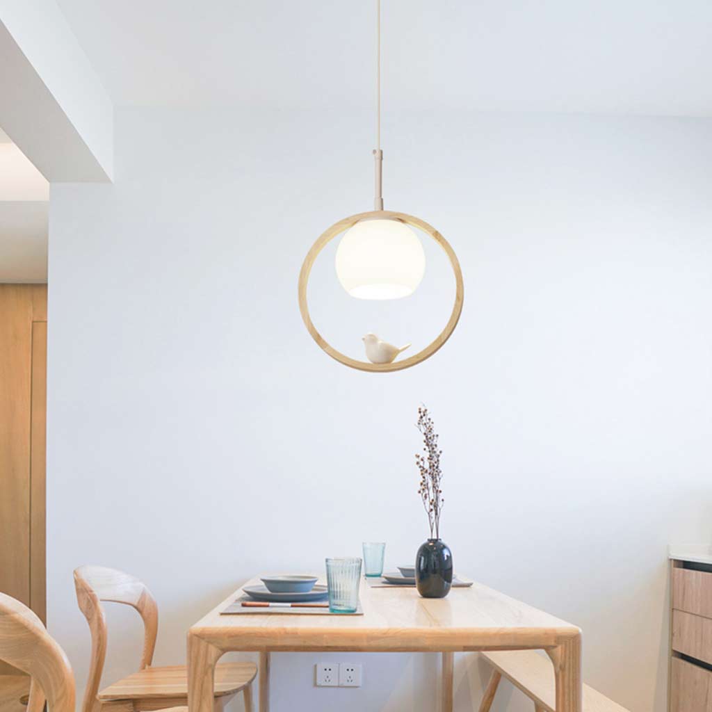 Creative Wood Glass Ring Bird Pendant Light Room