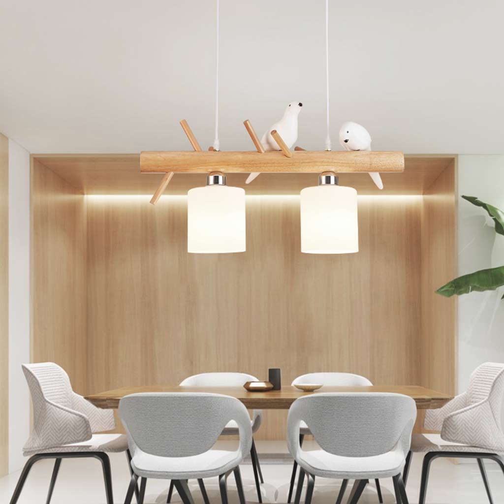 Cute Wood and Glass Bird Pendant Chandelier Dining Room 2 Lights