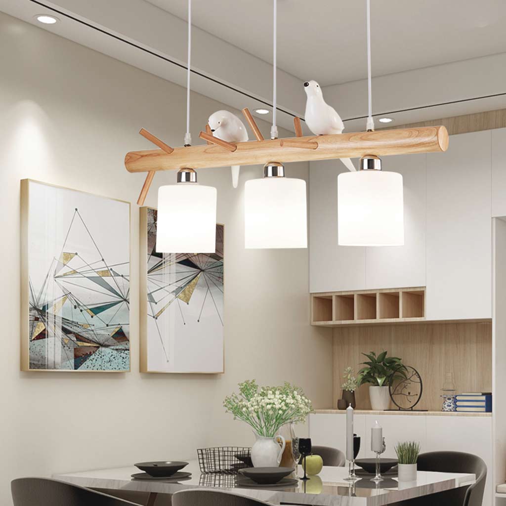 Cute Wood and Glass Bird Pendant Chandelier Dining Room 2 Lights