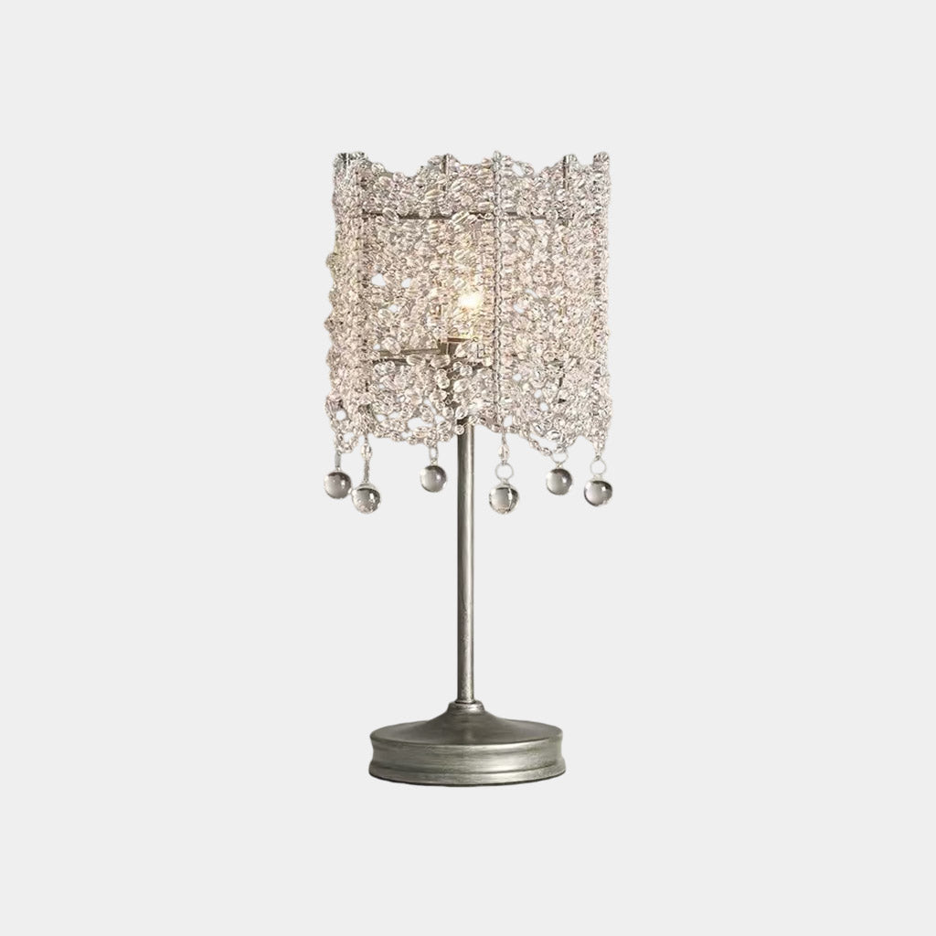 Cylindrical Crystal Beaded Table Lamp, Silver