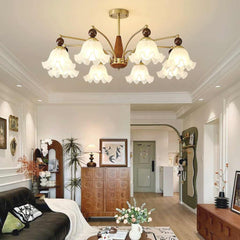 Farmhouse Branch Wood White Glass Flower Chandelier Living Room