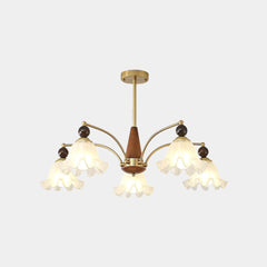Farmhouse Wood White Glass Flower Chandelier