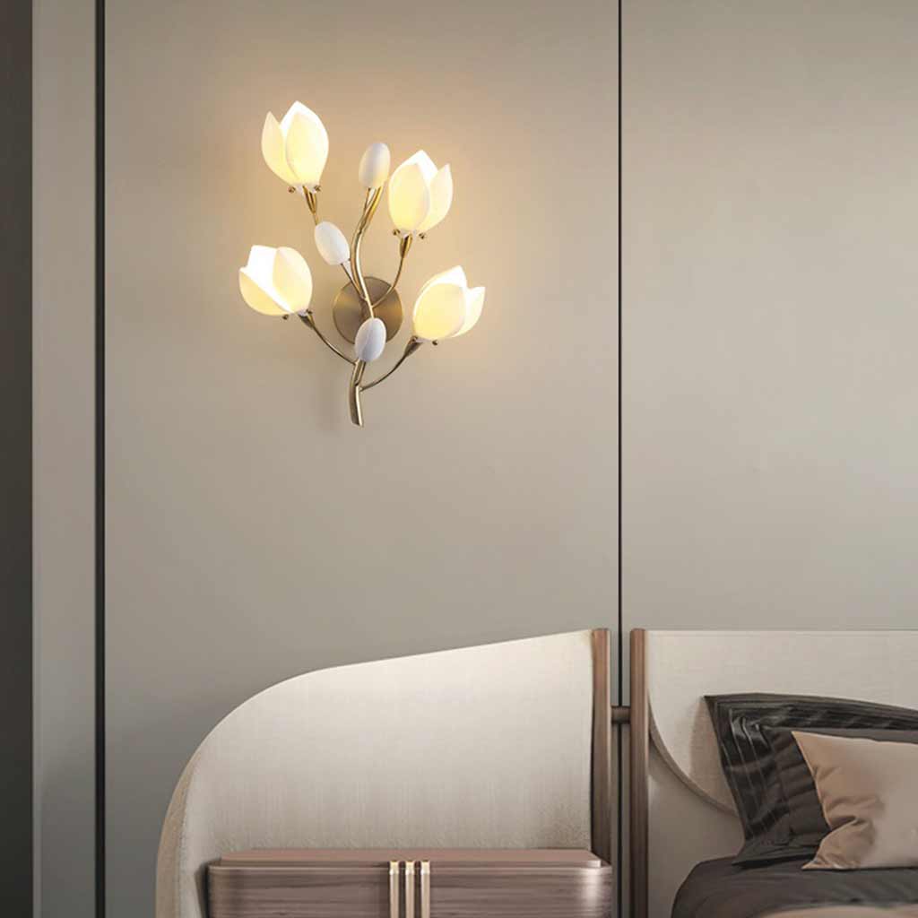 Wall Lamp Artistic Ceramic Magnolia Gold White Bedroom