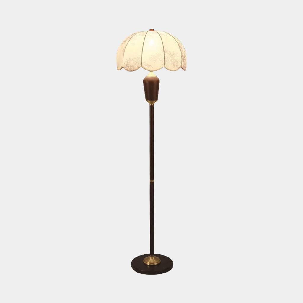 Golvlampa Vintage trä mässing med tygskärm
