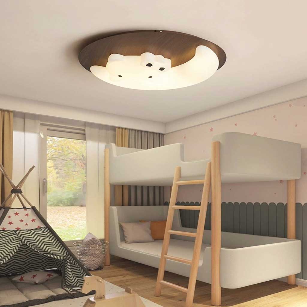 Flush Mount Ceiling Light Cartoon Moon Walnut Color Bedroom