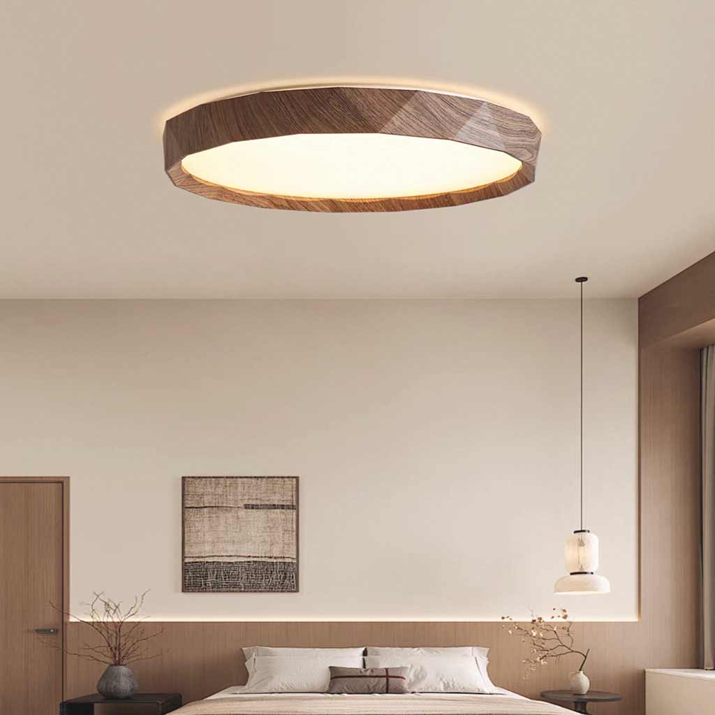 Flush Mount Ceiling Light Round Wood Grain LED Walnut Color Bedroom