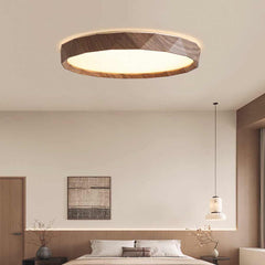 Flush Mount Ceiling Light Round Wood Grain LED Walnut Color Bedroom