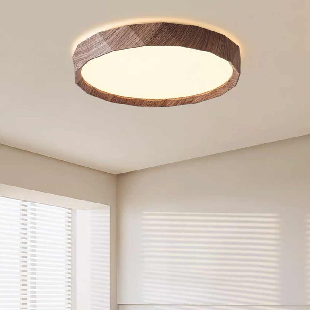 Flush Mount Ceiling Light Round Wood Grain LED Walnut Color Room