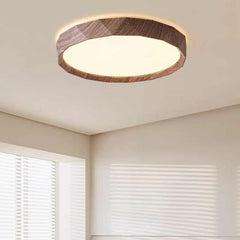 Flush Mount Ceiling Light Round Wood Grain LED Walnut Color Room