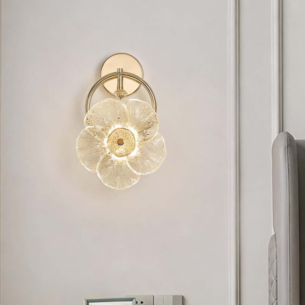 Aplique de cristal con forma de flor LED de lujo para mesita de noche, dorado
