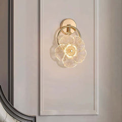 Aplique de cristal con forma de flor LED de lujo para mesita de noche, dorado