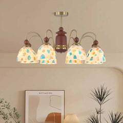Glass Seashell Chandelier Vintage Walnut Wood Arm