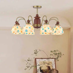Glass Seashell Chandelier Vintage Walnut Wood Arm