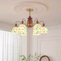 Glass Seashell Chandelier Vintage Walnut Wood Arm