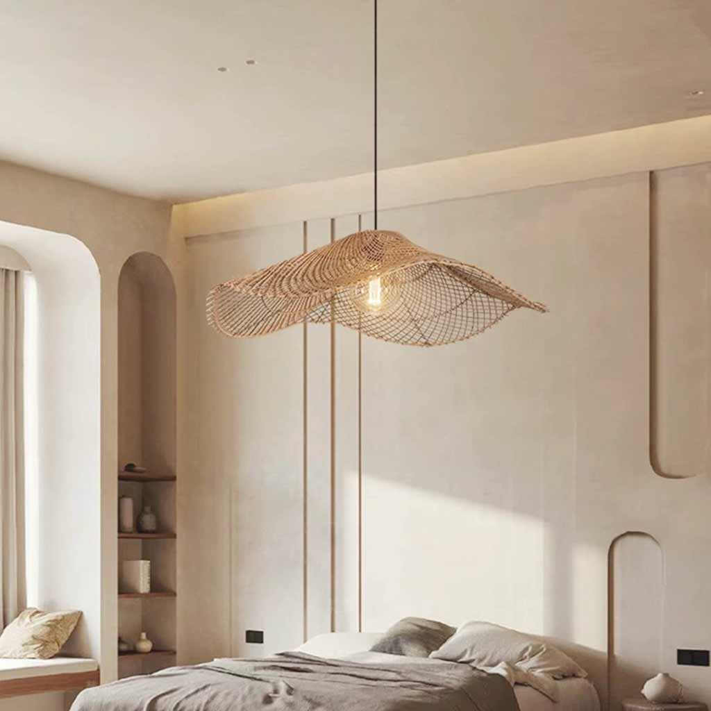 Hanging Pendant Light Japandi Woven Rattan Straw Hat Bedroom