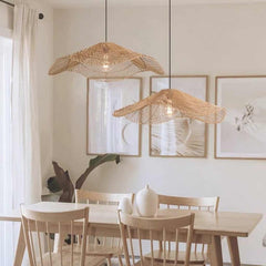 Hanging Pendant Light Japandi Woven Rattan Straw Hat Dining Table