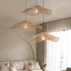 Hanging Pendant Light Japandi Woven Rattan Straw Hat Living Room