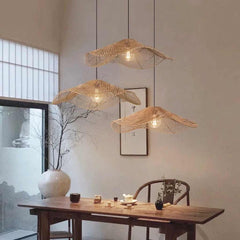 Hanging Pendant Light Japandi Woven Rattan Straw Hat Tea House