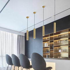 Hanging Pendant Light Small Slim Brass Tube Gold Dining Room