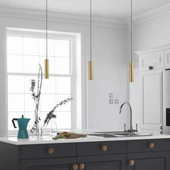 Hanging Pendant Light Small Slim Brass Tube Gold Kitchen Island