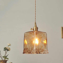 Hanging Pendant Light Vintage Brass Amber Glass Corner