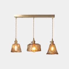 Hanging Pendant Light Vintage Brass Amber Glass Linear