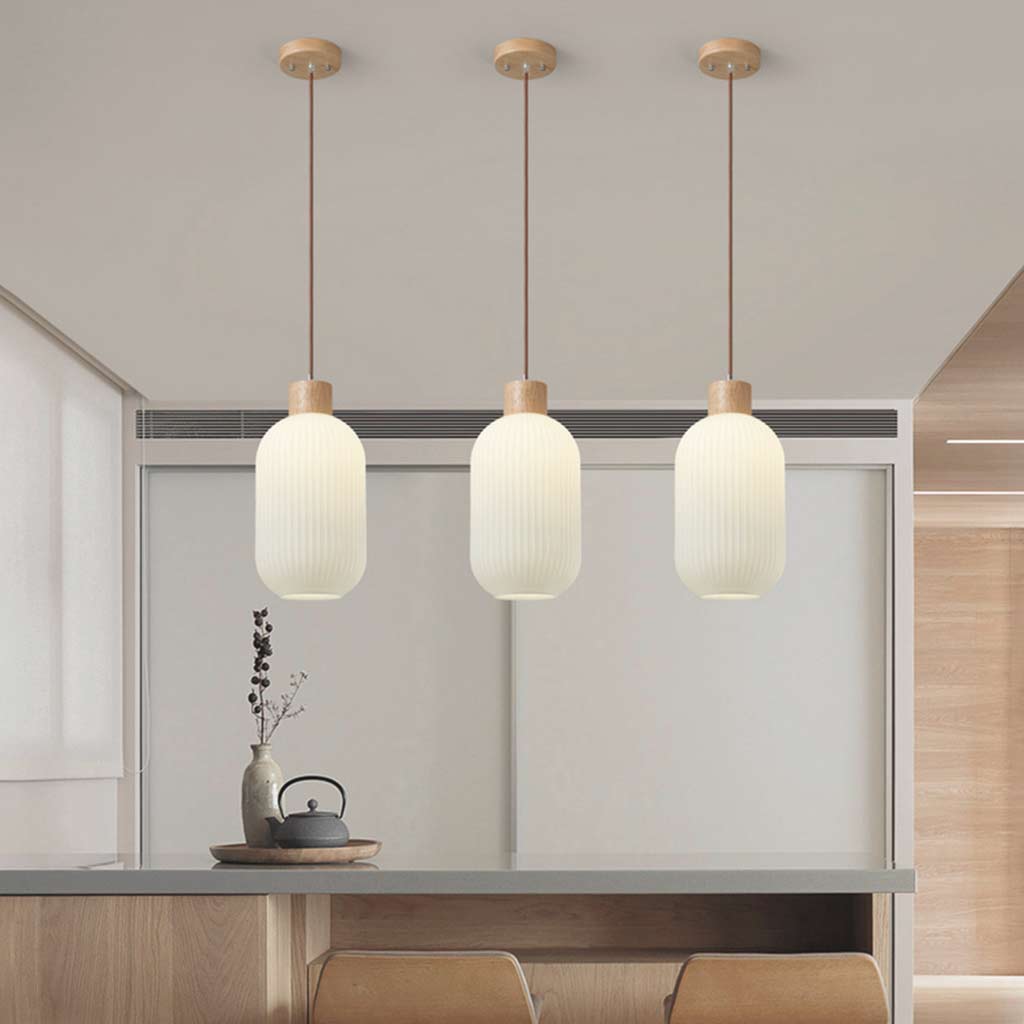 Japanese Elegant Retro Wood Glass Pendant Light Dining Room