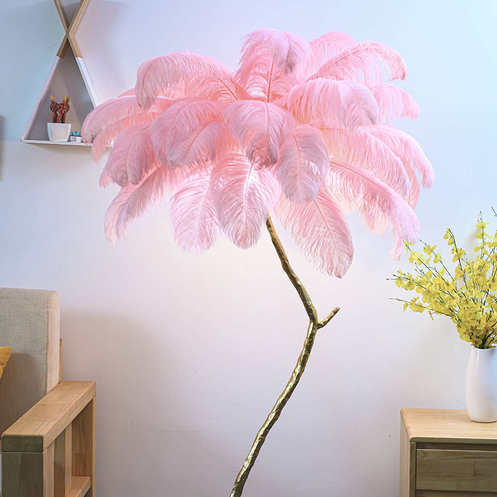 Luxury Ostrich Feather Palm Tree Floor Lamp Pink