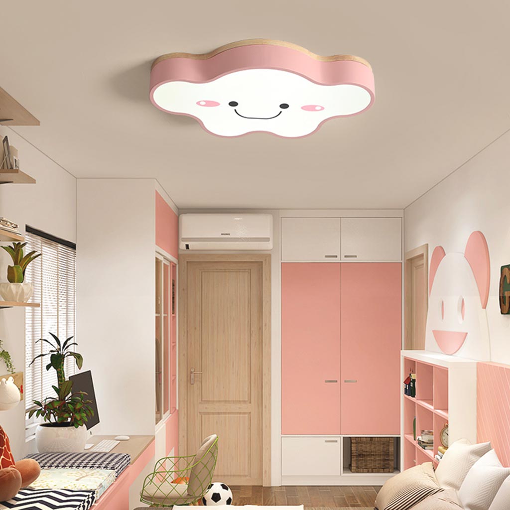 Macaron Wood Iron Flush Mount Cloud Ceiling Light Pink Kids Room