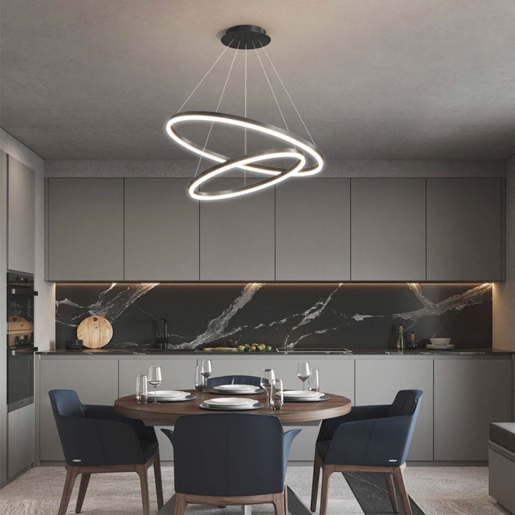 Minimalist Black LED Loop Ring Aluminum Chandelier Dining Room 2 Circle
