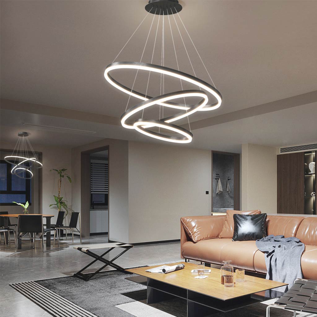 Minimalist Black LED Loop Ring Aluminum Chandelier Living Room 3 Circle