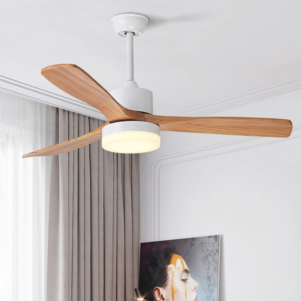 Minimalist Wood Blade Quiet Ceiling Fan with Light Room Log White